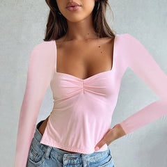 Square Neck Crop Spring Summer Fashion Long Sleeve Side Split WomenT-shirt