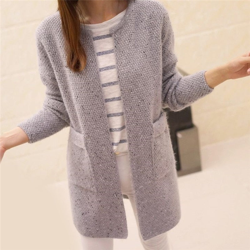 Solid Color Pockets Knitted Sweater Tunic Cardigan