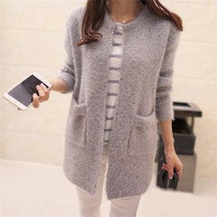 Solid Color Pockets Knitted Sweater Tunic Cardigan