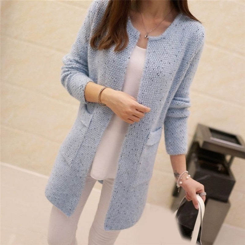Solid Color Pockets Knitted Sweater Tunic Cardigan