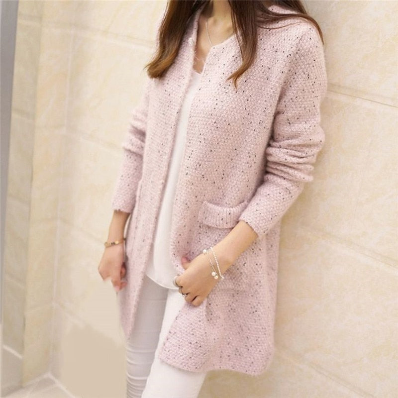 Solid Color Pockets Knitted Sweater Tunic Cardigan