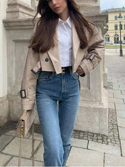 Khaki Loose Short Trench Coat Spring Fashion Solid Crop Ladies High Street Oversized Outwear Jacket
