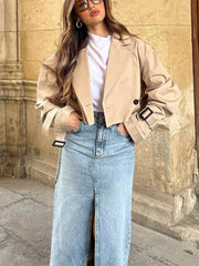 Khaki Loose Short Trench Coat Spring Fashion Solid Crop Ladies High Street Oversized Outwear Jacket