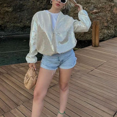 Fashion Beige Sequined Elegant Oversized Zipper Bomber Ladies Female Spring Loose Outwear Jacket
