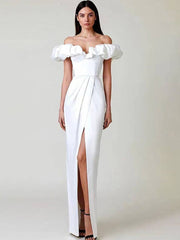 One-Shoulder Puff Sleeve Wrap Chest Slit Long Dress