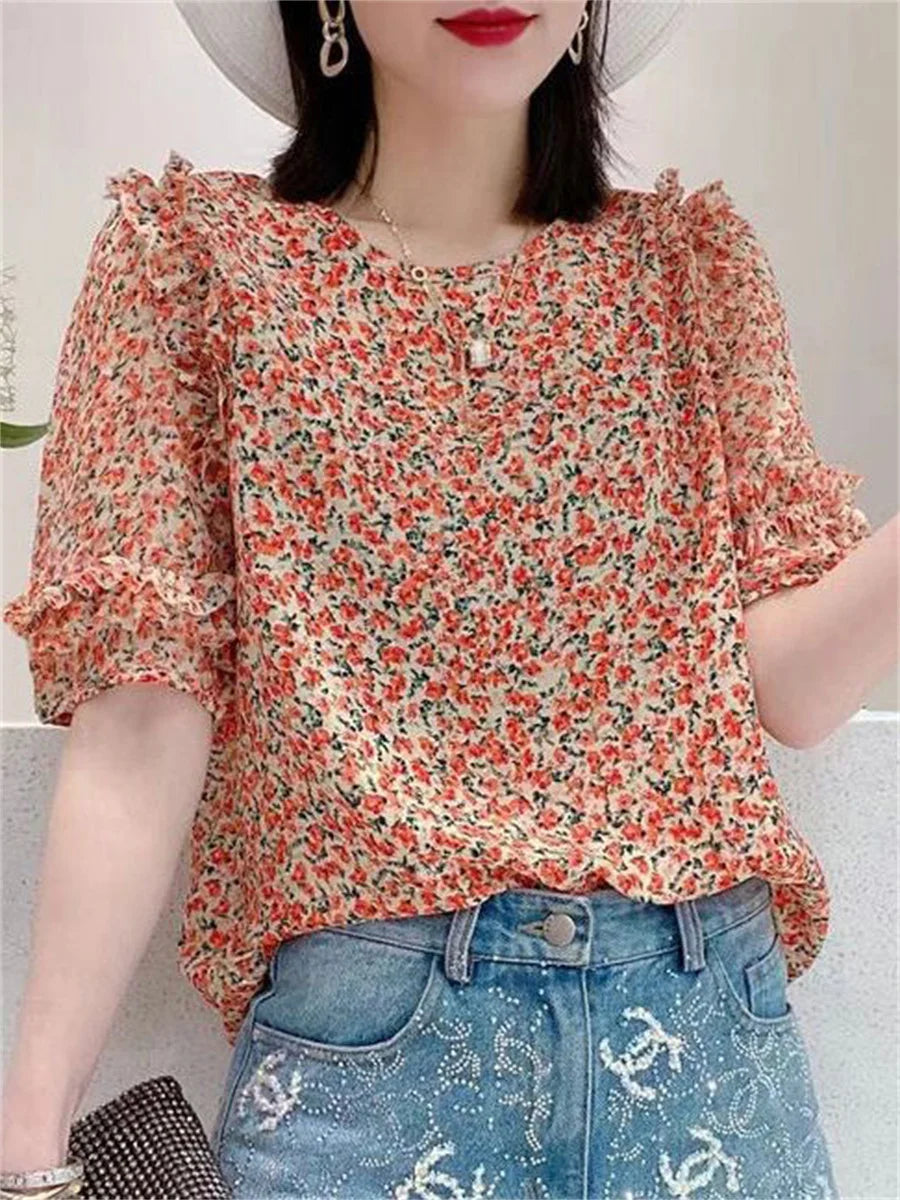 Summer Casual Style Flower Printed Short Lantern Sleeve O-Neck Blouse