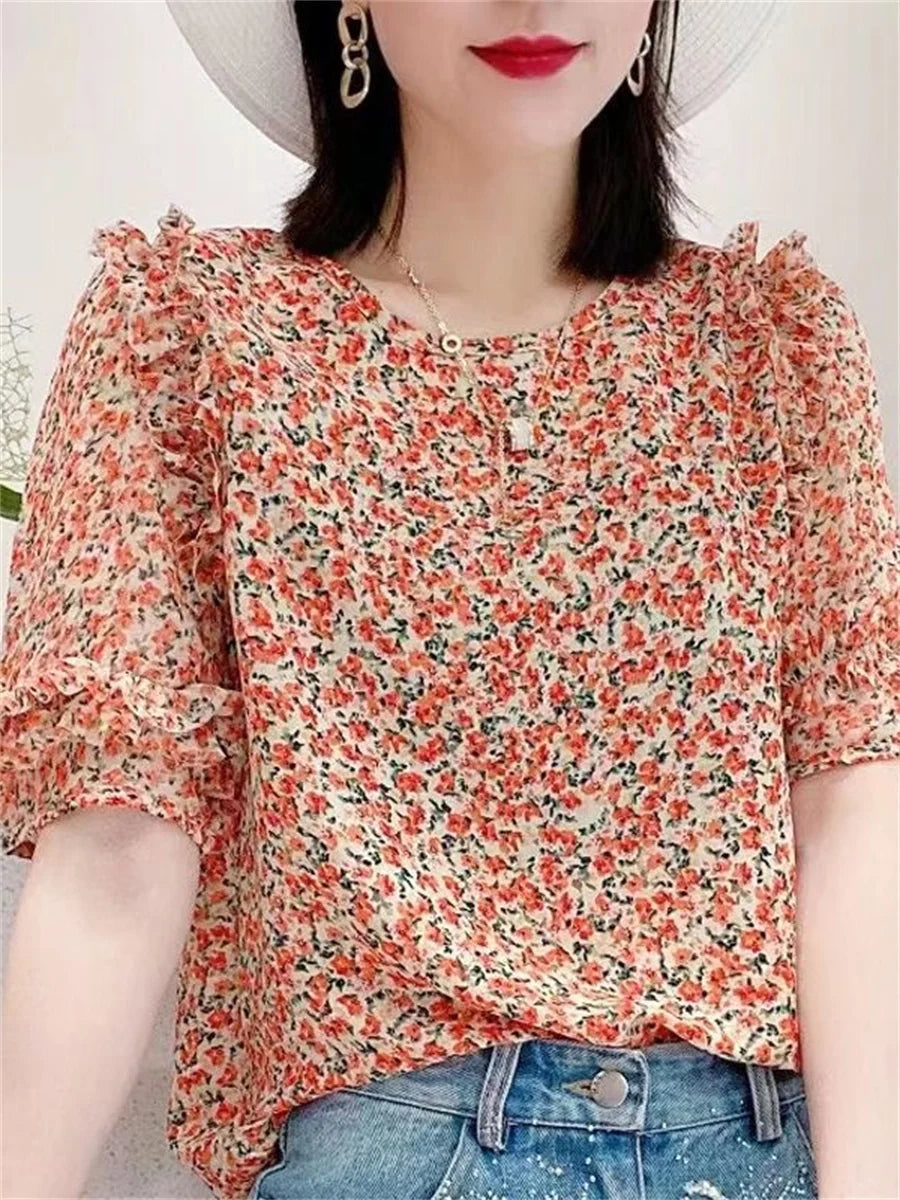 Summer Casual Style Flower Printed Short Lantern Sleeve O-Neck Blouse