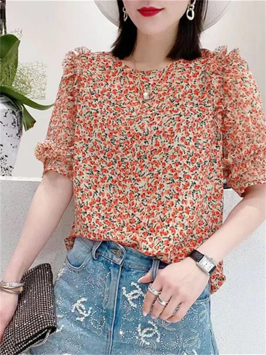 Summer Casual Style Flower Printed Short Lantern Sleeve O-Neck Blouse