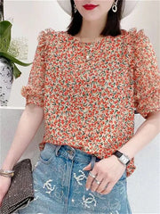 Summer Casual Style Flower Printed Short Lantern Sleeve O-Neck Blouse