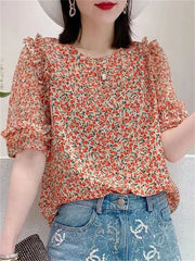 Summer Casual Style Flower Printed Short Lantern Sleeve O-Neck Blouse