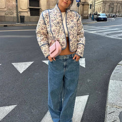 Vintage Floral Cotton Coat Autumn Winter Chic Loose Print Ladies Casual Warm Jacket