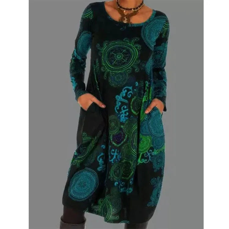 Loose Vintage Ruffles Printed Full Sleeve Boho Dress