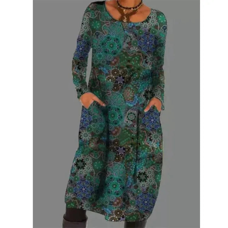 Loose Vintage Ruffles Printed Full Sleeve Boho Dress