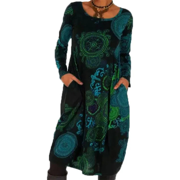 Loose Vintage Ruffles Printed Full Sleeve Boho Dress