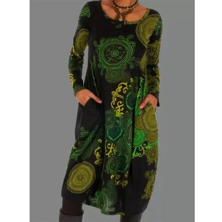 Loose Vintage Ruffles Printed Full Sleeve Boho Dress