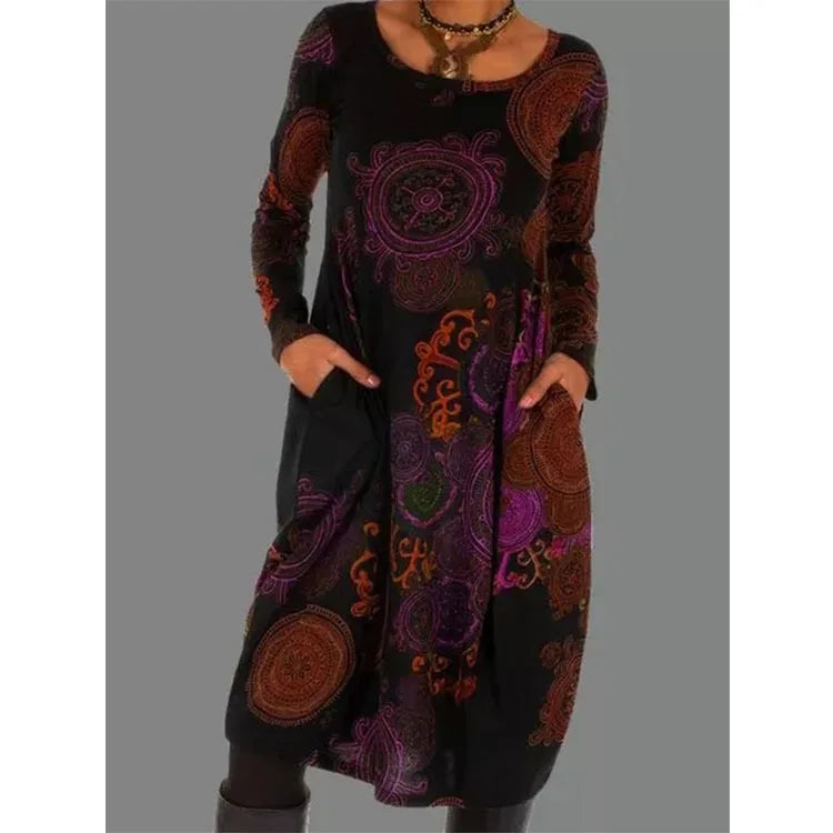 Loose Vintage Ruffles Printed Full Sleeve Boho Dress