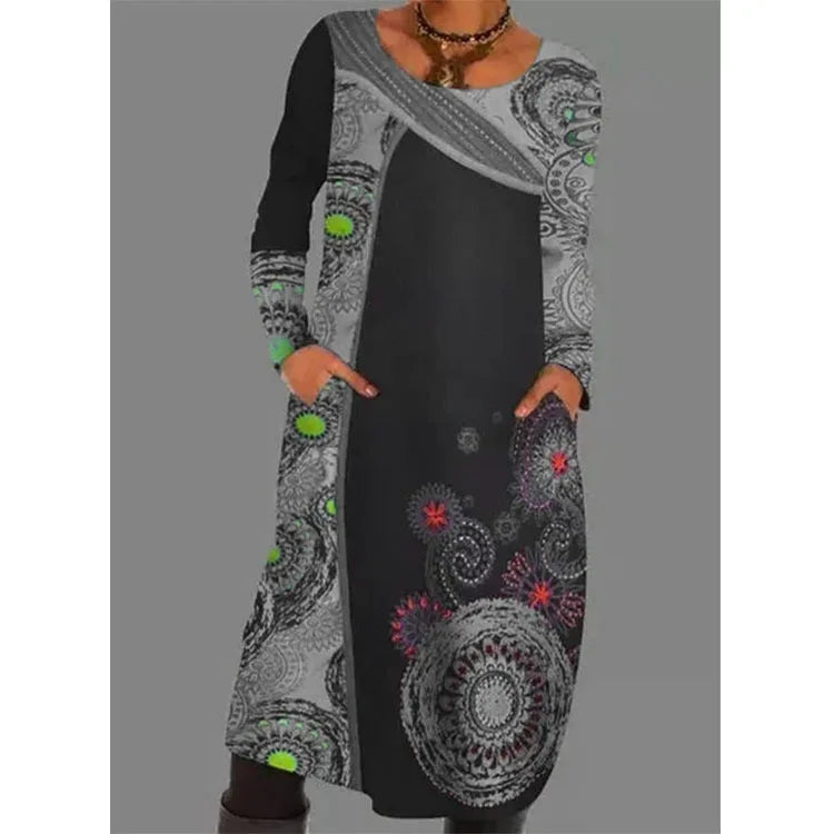 Loose Vintage Ruffles Printed Full Sleeve Boho Dress