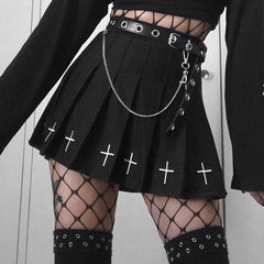 WomenHigh Waist Gothic Mini Ladies Cross Pattern Mini Pleated Dark Style Skirt