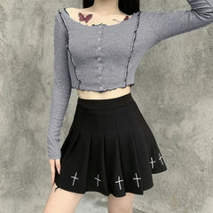 WomenHigh Waist Gothic Mini Ladies Cross Pattern Mini Pleated Dark Style Skirt
