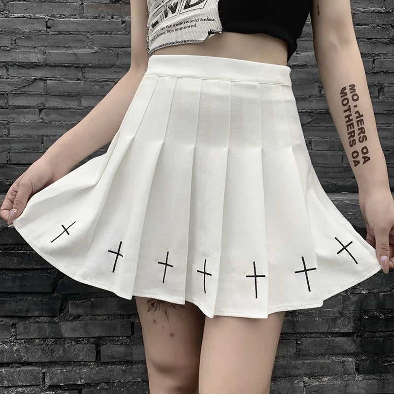 WomenHigh Waist Gothic Mini Ladies Cross Pattern Mini Pleated Dark Style Skirt