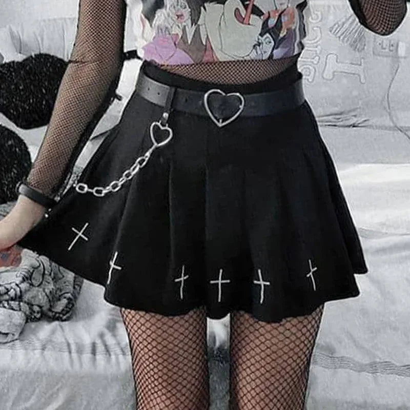 WomenHigh Waist Gothic Mini Ladies Cross Pattern Mini Pleated Dark Style Skirt