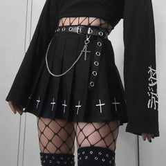 WomenHigh Waist Gothic Mini Ladies Cross Pattern Mini Pleated Dark Style Skirt