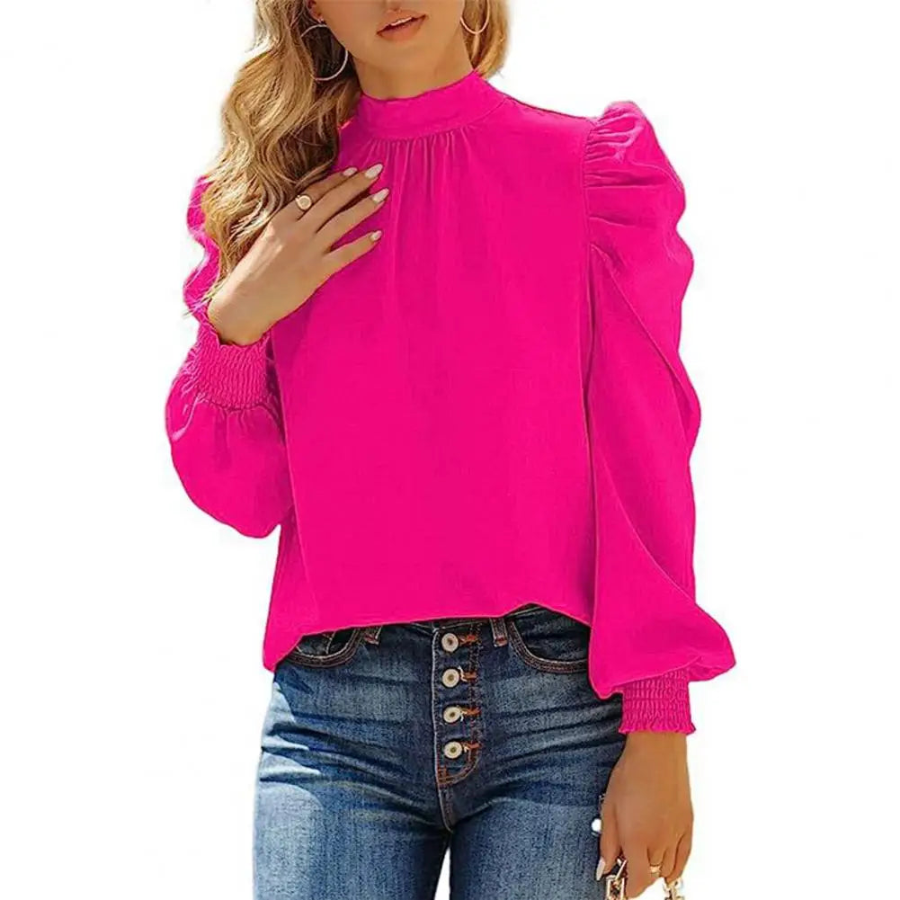 Blouse High Collar Pullover Shirt Puff Ruffle Long Sleeve Blouse