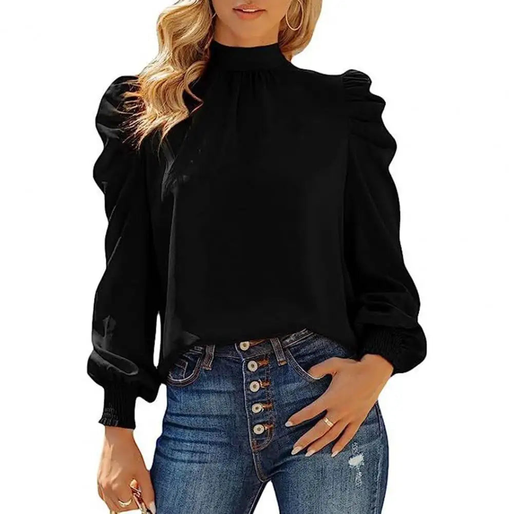 Blouse High Collar Pullover Shirt Puff Ruffle Long Sleeve Blouse