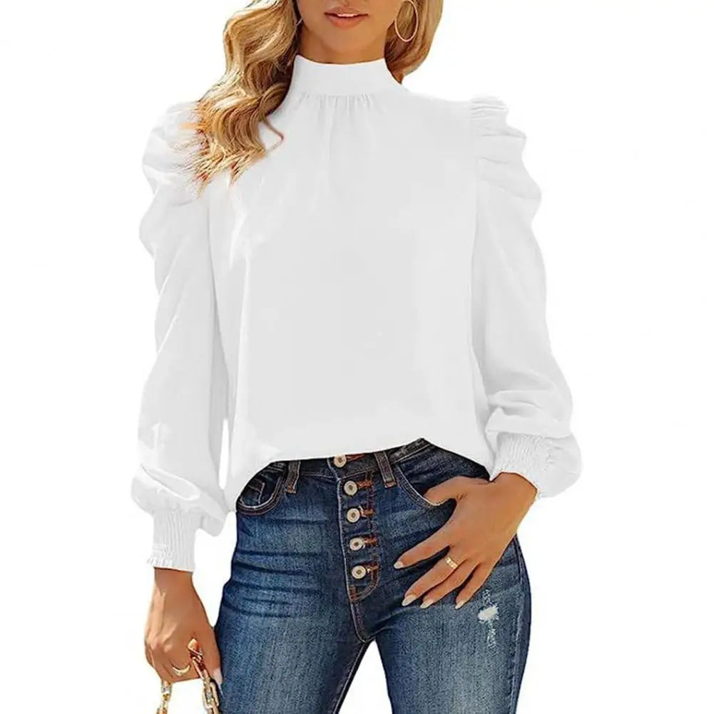 Blouse High Collar Pullover Shirt Puff Ruffle Long Sleeve Blouse