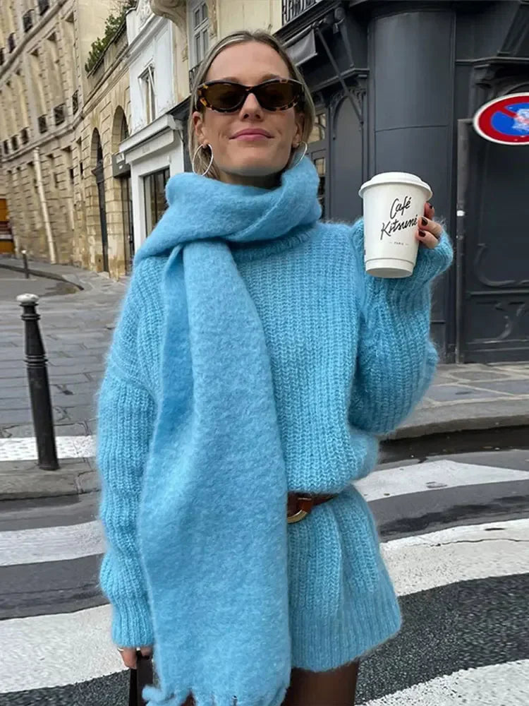 Blue Knitted With Scarf Collar Elegant Long Sleeve Loose Sweater