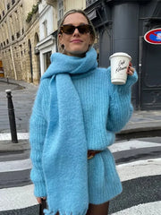 Blue Knitted With Scarf Collar Elegant Long Sleeve Loose Sweater
