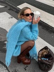Blue Knitted With Scarf Collar Elegant Long Sleeve Loose Sweater