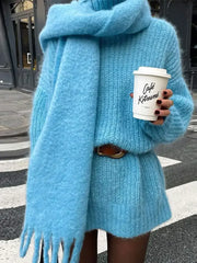 Blue Knitted With Scarf Collar Elegant Long Sleeve Loose Sweater