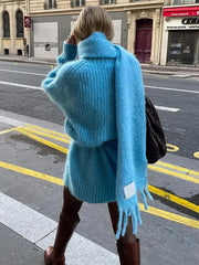 Blue Knitted With Scarf Collar Elegant Long Sleeve Loose Sweater