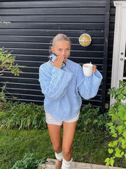 Blue Ribbed Knitted Loose Jumper Tops Fashion O Neck Long Sleeve Sweater