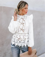 WomenLong Sleeve Floral Lace White Hollow Back Summer Beach Elegant Party Shirt Blouse