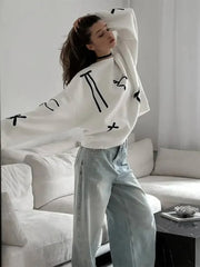 Bows Printed White Knitted Loose Pullover Fashion O Neck Long Sleeve Oversized Sweater
