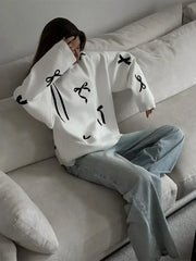 Bows Printed White Knitted Loose Pullover Fashion O Neck Long Sleeve Oversized Sweater