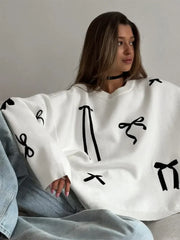 Bows Printed White Knitted Loose Pullover Fashion O Neck Long Sleeve Oversized Sweater