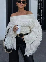 Chic Off Shoulder Tassel Pullover Sexy Slash Neck Long Sleeve Sweater