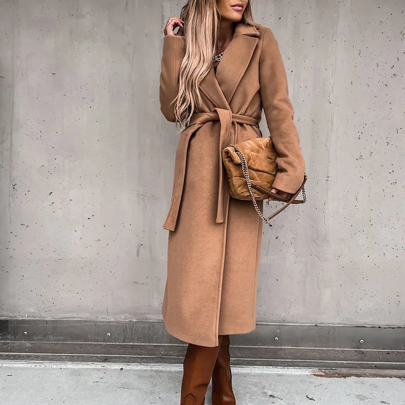 Seeve Waist Outerwear Tolid Long Slurn Down Collar Coat