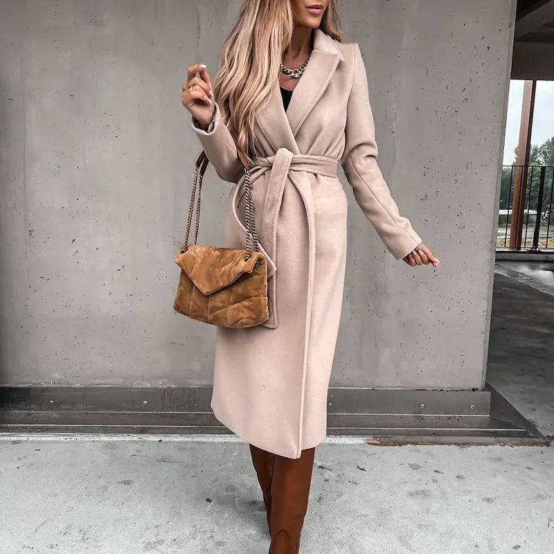 Seeve Waist Outerwear Tolid Long Slurn Down Collar Coat