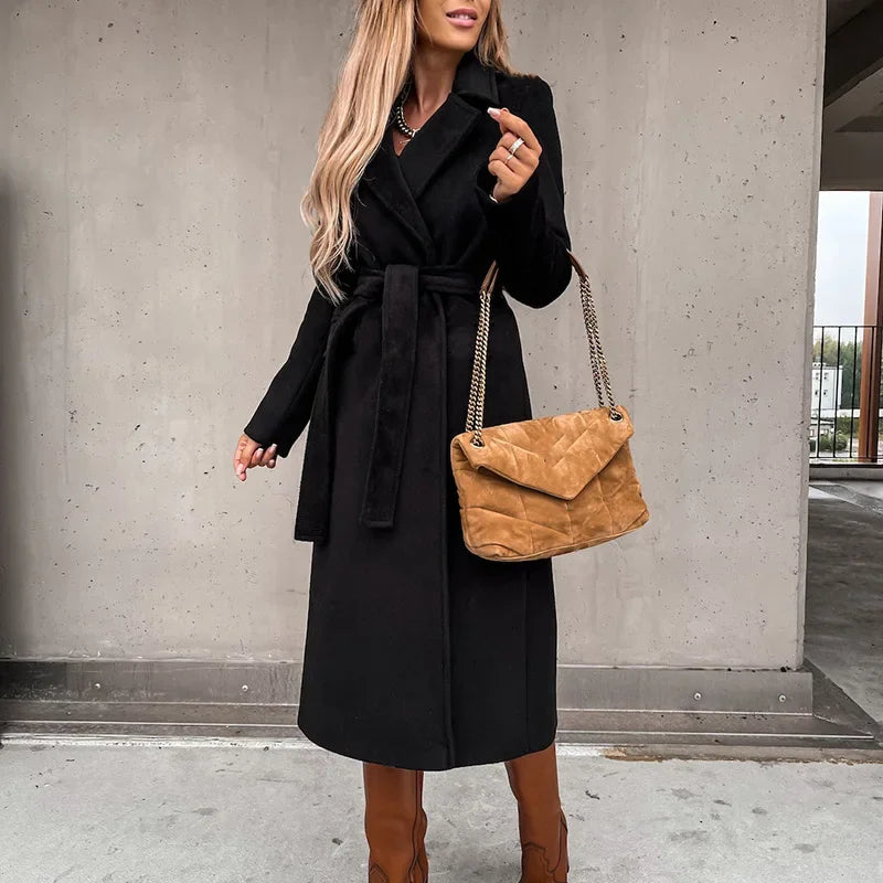Seeve Waist Outerwear Tolid Long Slurn Down Collar Coat