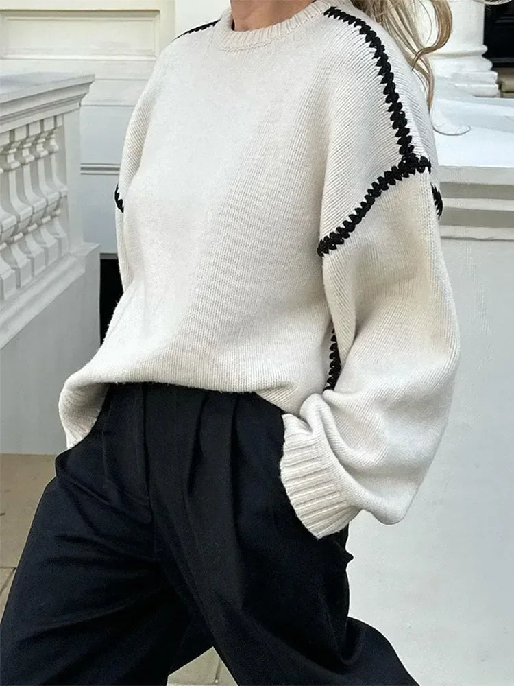 Contrasting Knitted Elegant O Neck Long Sleeve Loose Sweater