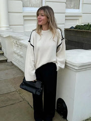 Contrasting Knitted Elegant O Neck Long Sleeve Loose Sweater