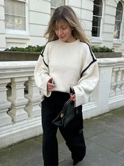 Contrasting Knitted Elegant O Neck Long Sleeve Loose Sweater