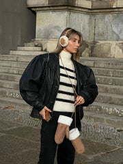 Contrasting Striped Long Sleeved Knitted Pullover Elegant High Collar Sweater