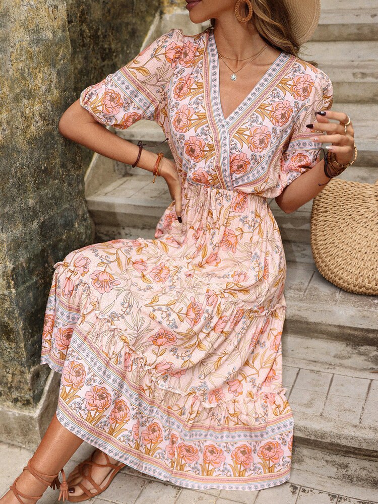 Bohemian Print V-neck HolidayChiffon Dress