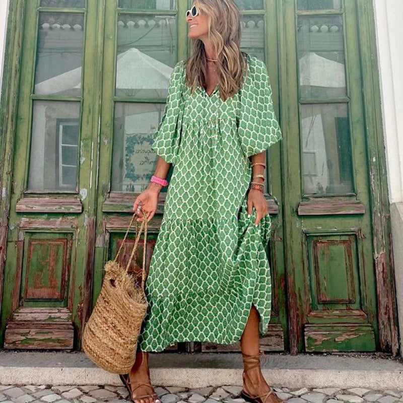 Casual Summer Floral Printing V-Neck Boho Dress