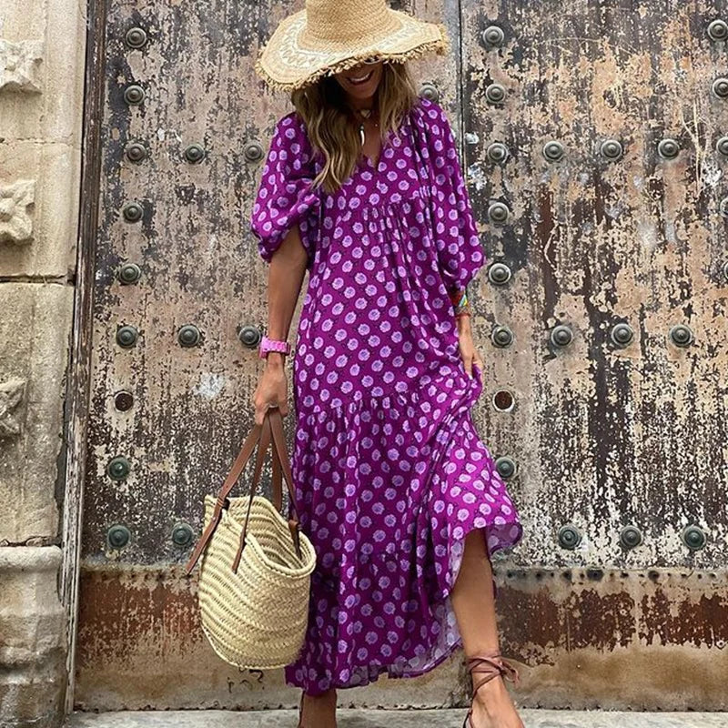 Casual Summer Floral Printing V-Neck Boho Dress